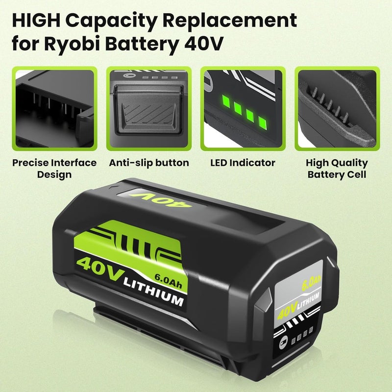 Topbatt 2-Pack 6000mAh OP4060A Replacement for Ryobi 40V Battery and Charger Compatible with Ryobi Battery Lithium Ion 40V OP40601 OP40602 OP4030 OP4040 OP4050A OP40261 Cordless Tools - Image 3